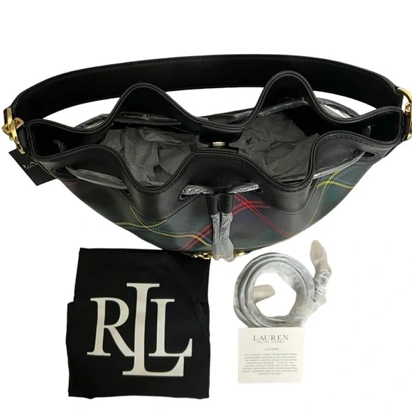Ralph Lauren Andie Bucket Drawstring Plaid Leather Crossbody Bag